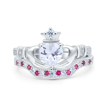 14K White Gold Claddagh Accent Heart Wedding Bridal Set Piece Ruby Simulated Cubic Zirconia Wedding Ring